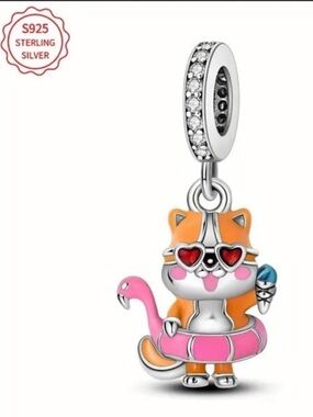 Cute Summer Cat Flamingo Float S925 Dangle Charm Pendant-NEW